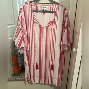 For The Republic Red/White Tassel Striped Ruffled Long Sleeve Dress - Large